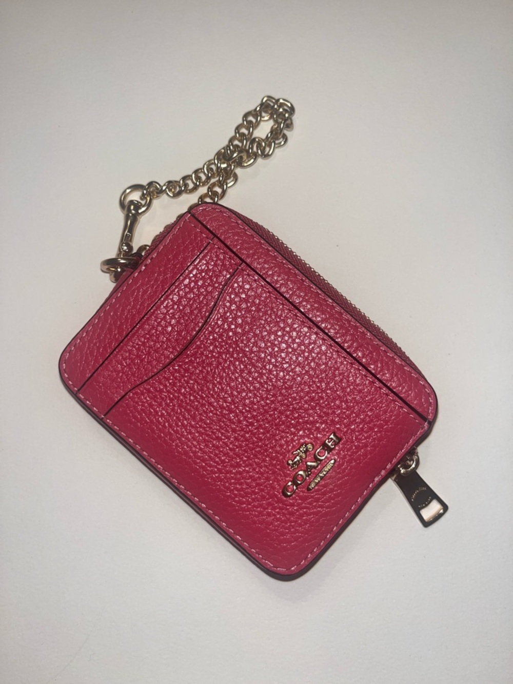 Coach Pink Pebbled Leather Card Case with Gold Chain